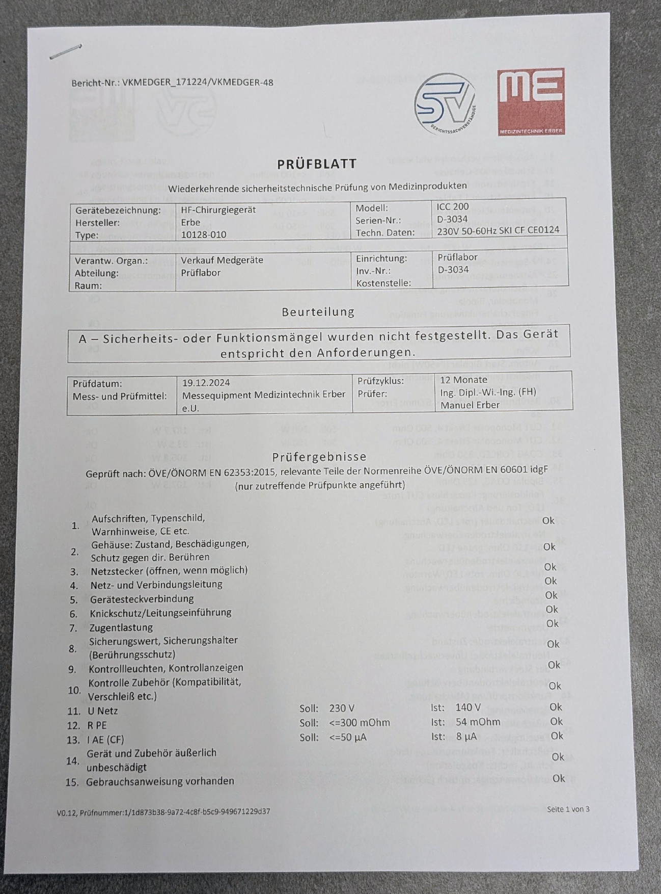 Erbe ICC 200 HF-Chirurgiegerät Prüfprotokoll - Bild 6