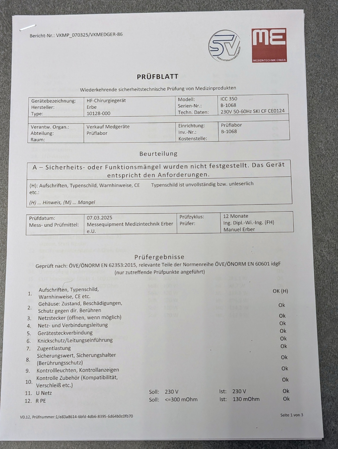 Erbe ICC 350 HF-Chirurgiegerät Prüfprotokoll - Bild 5