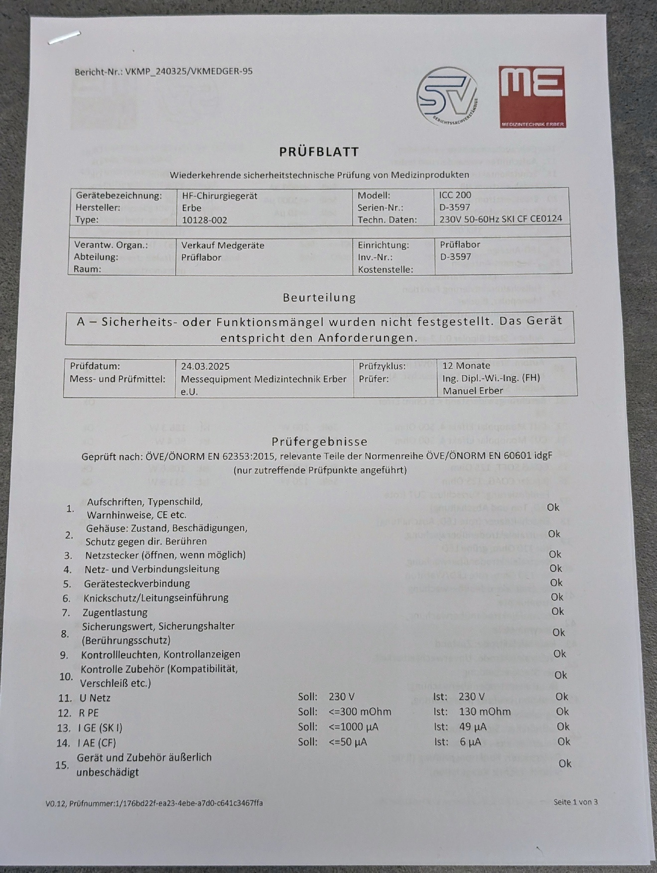 Erbe ICC 200 HF-Chirurgiegerät Prüfprotokoll - Bild 5