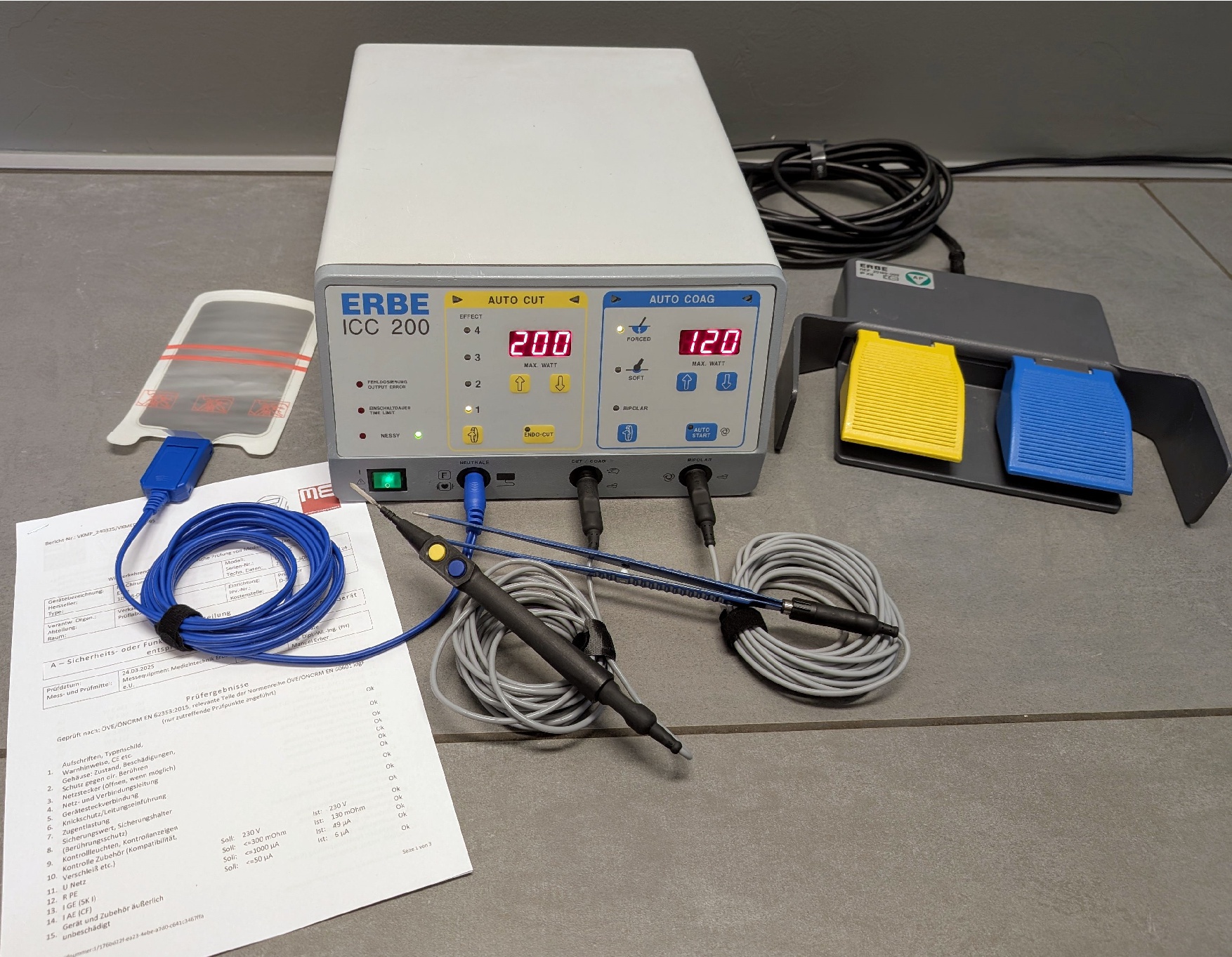 Erbe ICC 200 HF-Chirurgiegerät Prüfprotokoll