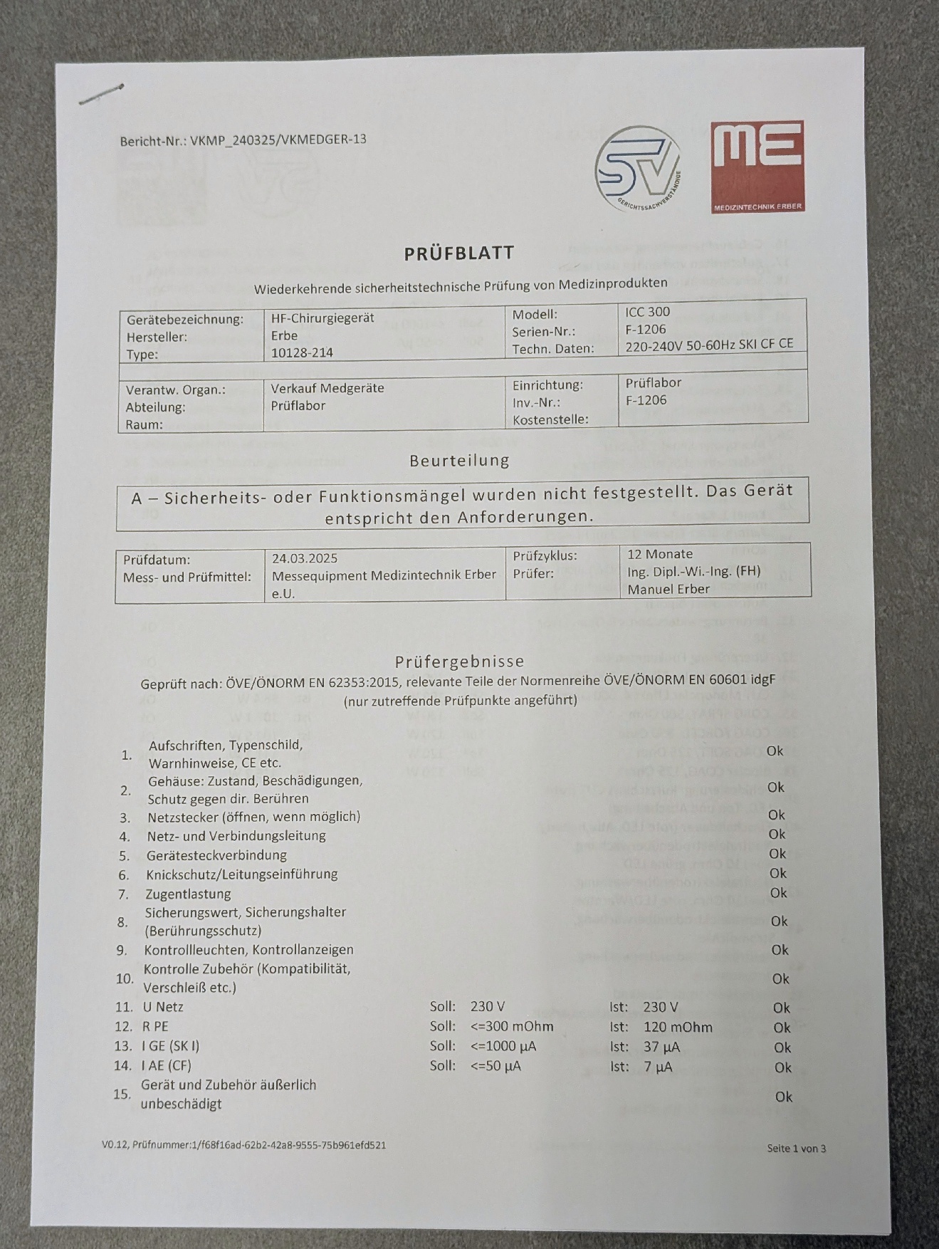 Erbe ICC 300 HF-Chirurgiegerät Prüfprotokoll - Bild 5