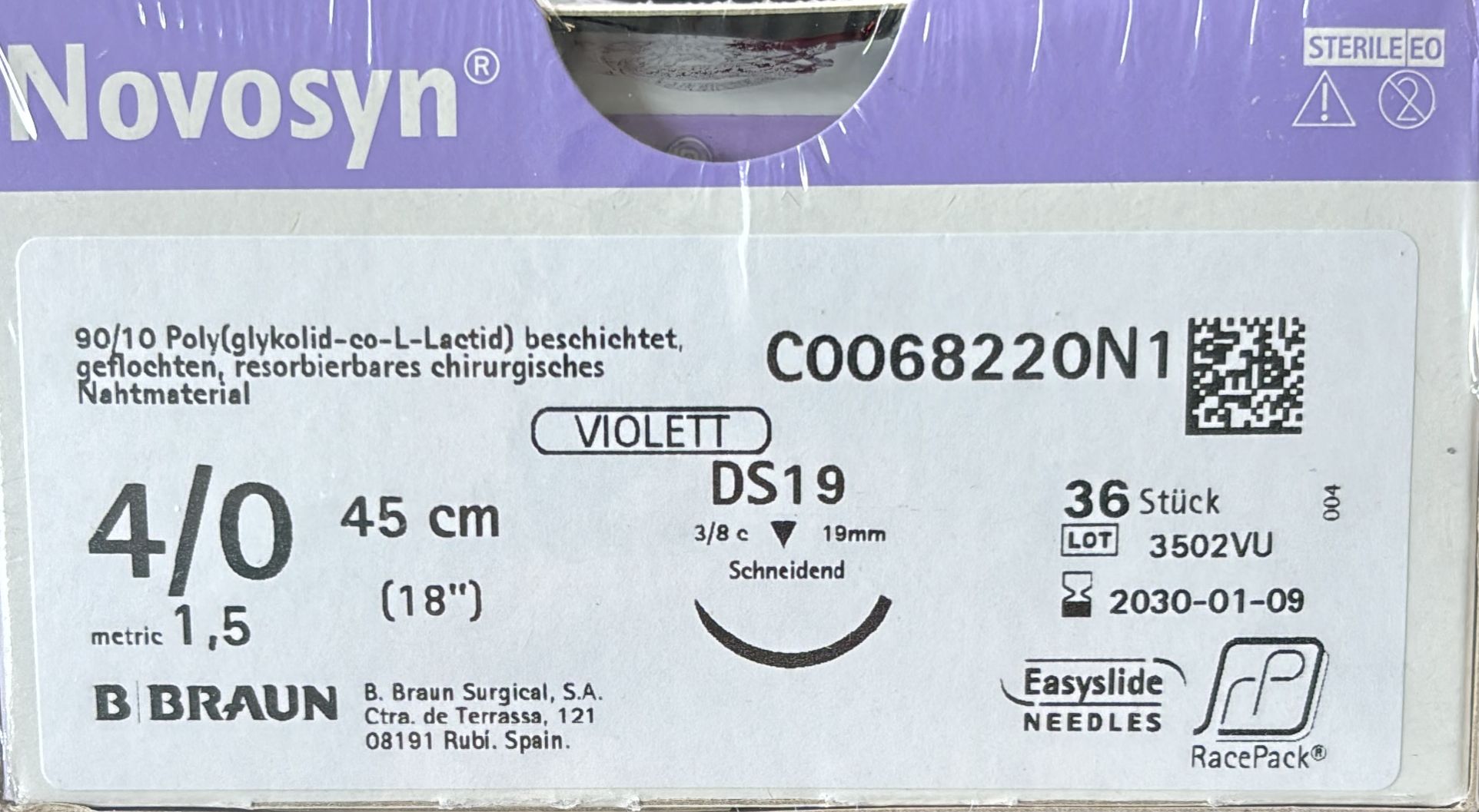 Novosyn 4/0, DS19, 45 cm, 36 Stück